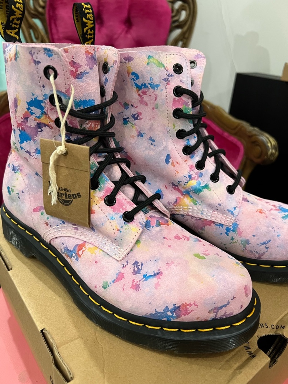 Dr. Martens Pink Multicolor Paint-Splatter 8-Eye Lace-Up Boots